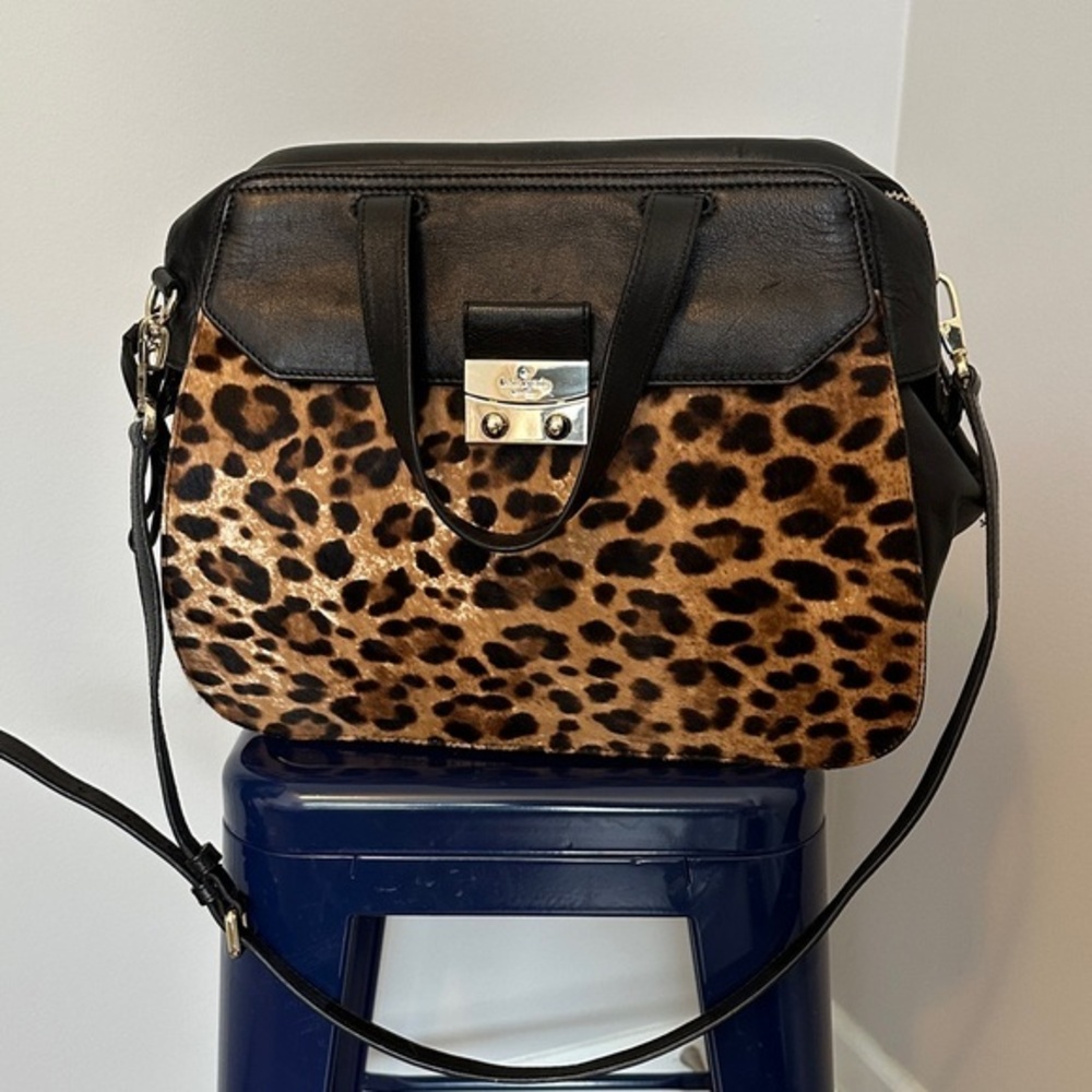 Leopard Print Black Leather Large Handbag/Workbag